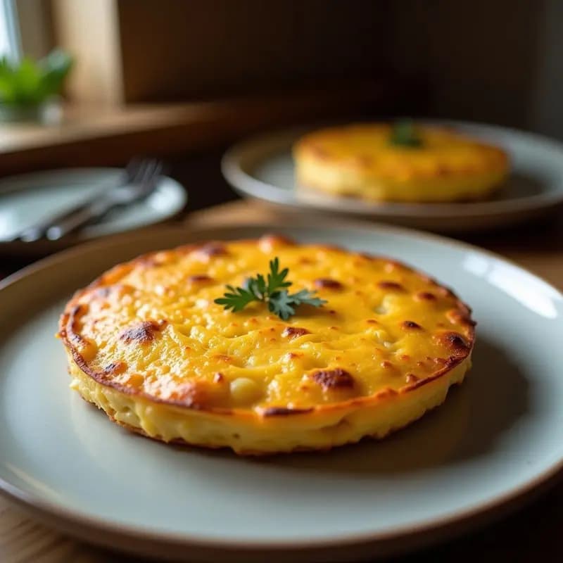 Tortilla española de patata dorada y esponjosa servida en plato blanco rústico, con rodajas de cebolla caramelizada visibles en su interior, receta rápida de cafetería.