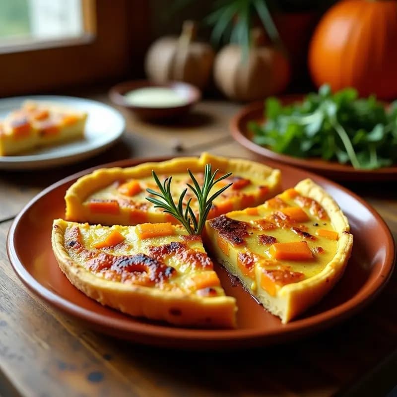 Tortilla española dorada con trozos de patata y calabaza asada, cortada en cuñas y servida en plato de barro rústico, receta de otoño.