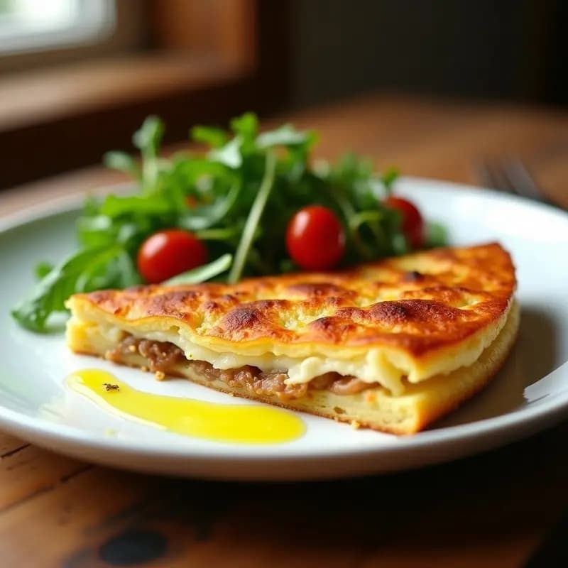 Tortilla de patata y cebolla low-carb dorada por fuera y jugosa por dentro, servida en plato blanco con ensalada verde de fondo.