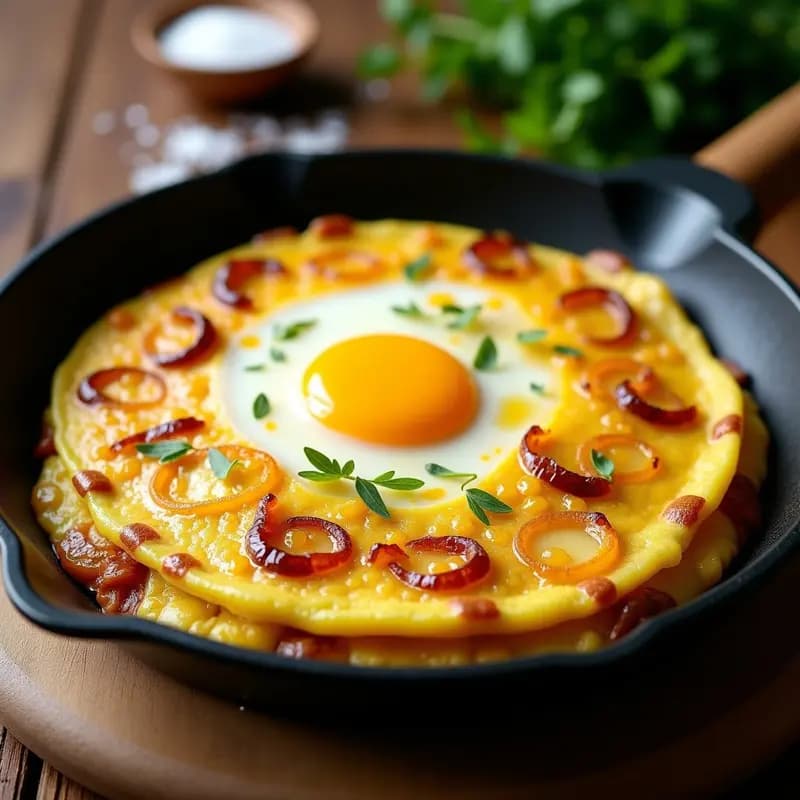 Tortilla española dorada y jugosa en sartén antiadherente, con rodajas de patata y cebolla visibles, receta tradicional de máxima jugosidad.
