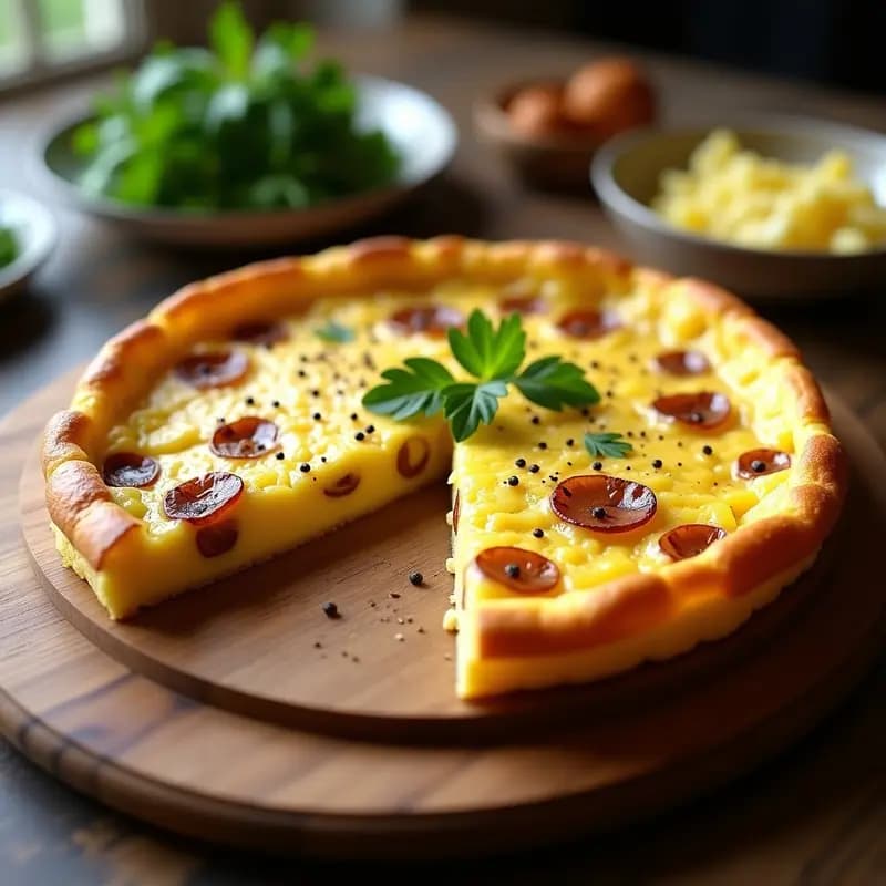 Tortilla española dorada y esponjosa con trozos de patatas Ducros y cebolla, cortada en porciones sobre un plato de madera rústico.