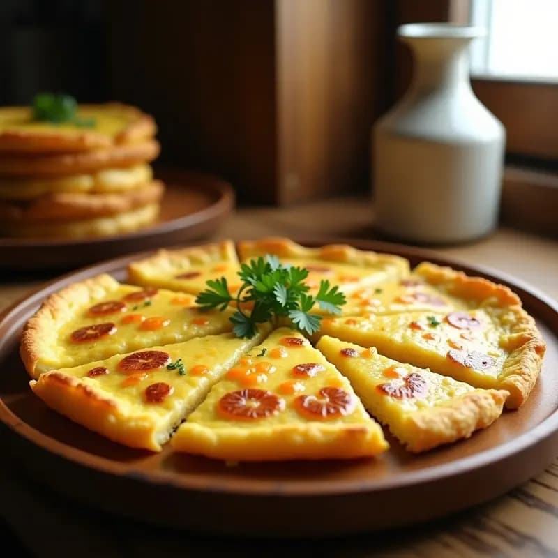 Tortilla de patata dorada con trocitos de ebi visibles, cortada en porciones cuadradas sobre un plato de madera rústico. Receta española para tupper alta en proteína.