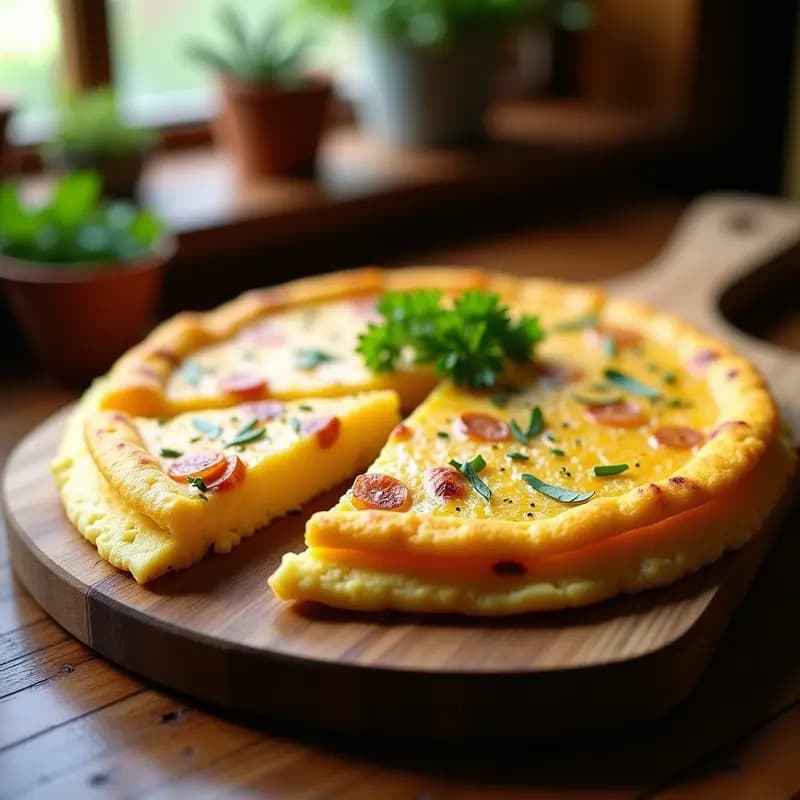Tortilla española dorada con trozos de patata y EBI, cortada en porciones, sobre una tabla de madera rústica con perejil fresco.