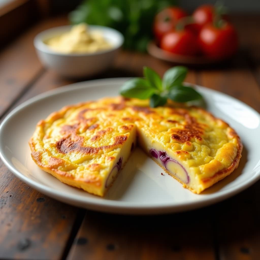 Tortilla española dorada y jugosa cortada en porciones, con trozos de patata y cebolla morada visible, servida en plato blanco sobre fondo rústico de madera, receta vehicular sin olor.