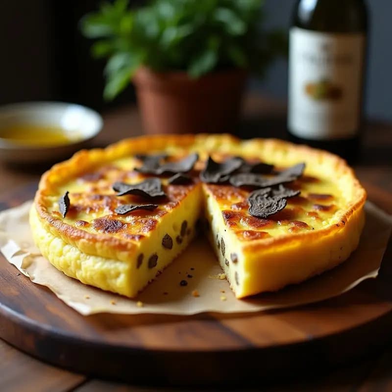 Tortilla española dorada con trozos de patata y cebolla, coronada con láminas de trufa negra sobre un plato de madera rústico, receta gourmet rápida.