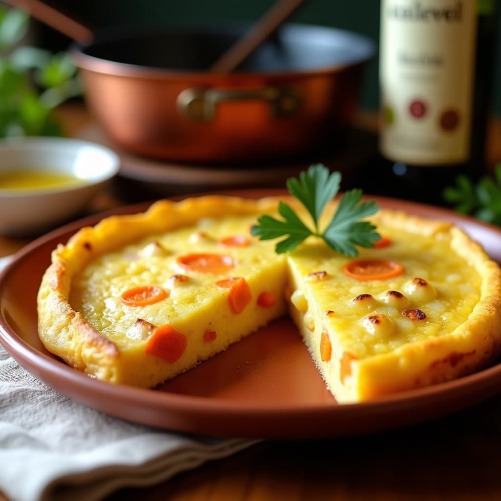 Tortilla española dorada por fuera y jugosa por dentro, con trozos de patata y zanahoria, servida en plato de barro sobre fondo rústico. Receta ligera sin aceite para tupper.