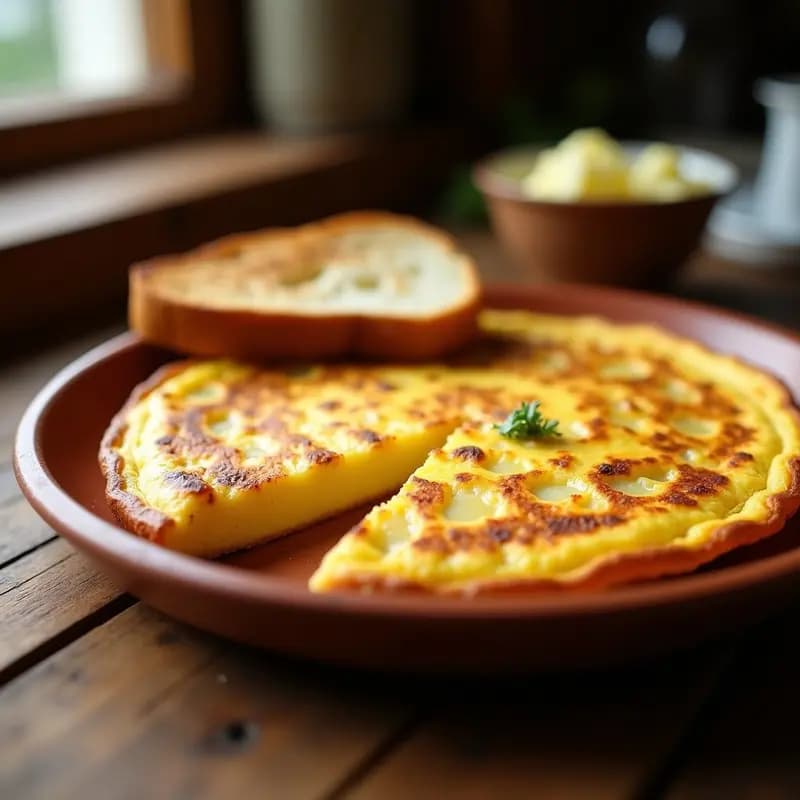 Tortilla española dorada con zonas crujientes en los bordes y centro cremoso, servida en plato de barro rústico con rodaja de pan tostado.
