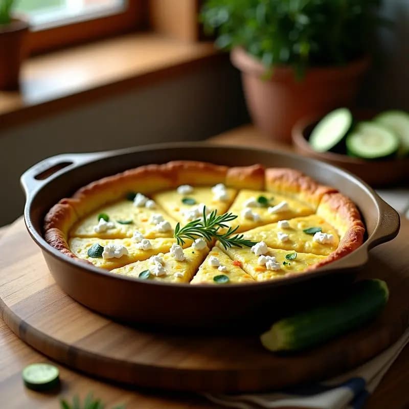 Tortilla de patata y zucchini al horno en molde redondo, dorada por encima con trocitos de queso feta, cortada en porciones sobre tabla de madera rústica.