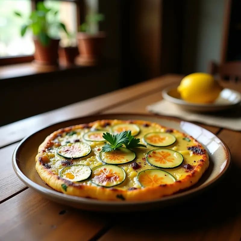 Tortilla española dorada y jugosa con trozos de patata, zucchini y cebolla morada, sin lactosa, servida en plato de barro con perejil fresco.