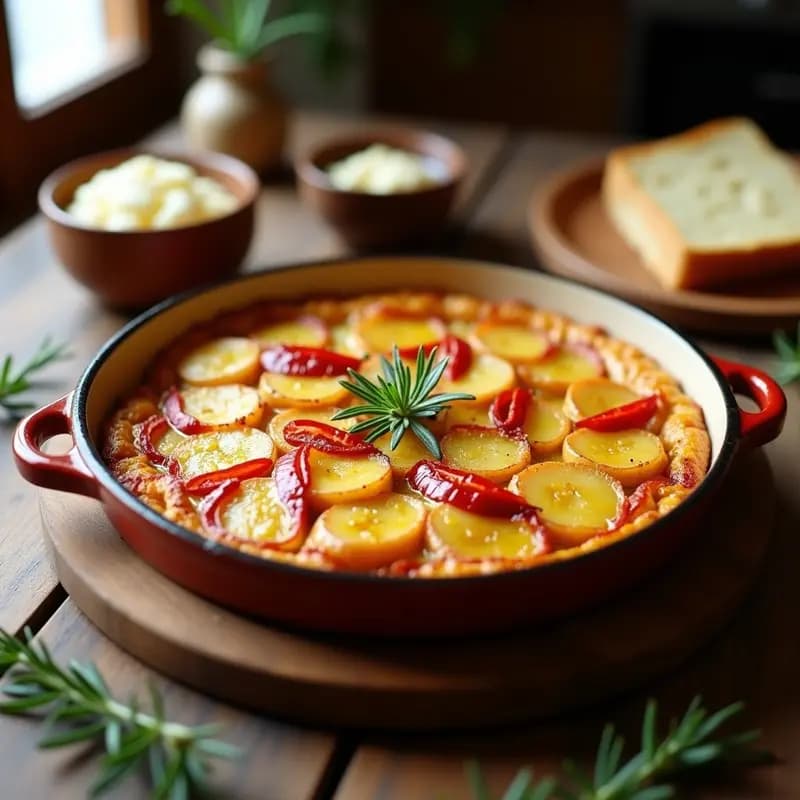 Tortilla española dorada al horno con trozos de pimientos asados rojos y cebolla, servida en molde de barro sobre mesa rústica.