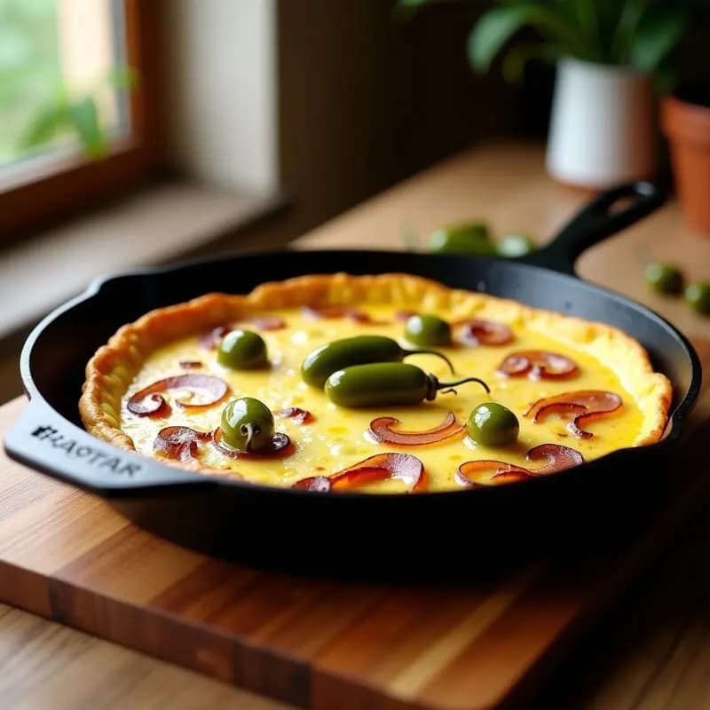 Tortilla española dorada en sartén de hierro con pimientos de Padrón verdes y cebolla caramelizada morada asomando entre capas de huevo cremoso. Plato rústico de madera con fondo de cocina tradicional española.