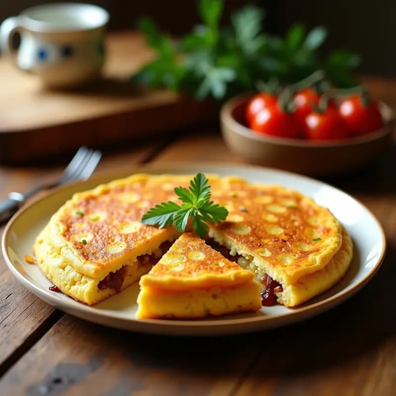 Tortilla española vegana dorada con trozos de patata y cebolla, cortada en porciones, con un fondo de cocina rústica y hierbas frescas.