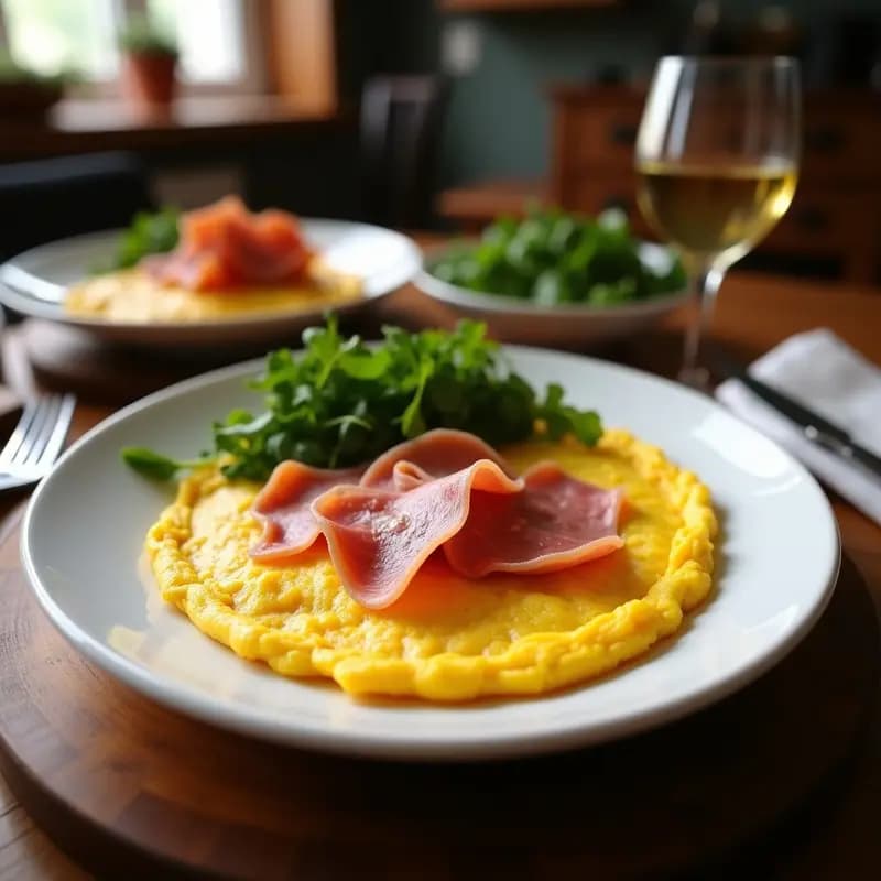 Tortilla española dorada y compacta con trozos de jamón ibérico, cortada en porciones cuadradas sobre un plato de madera rústico, ideal para tupper.