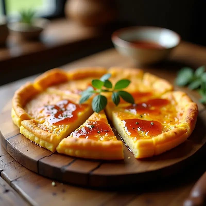 Tortilla española dorada con vetas de ron caramelizado brillante, cortada en porciones irregulares sobre una tabla de madera rústica, acompañada de una cucharada de caramelo líquido.