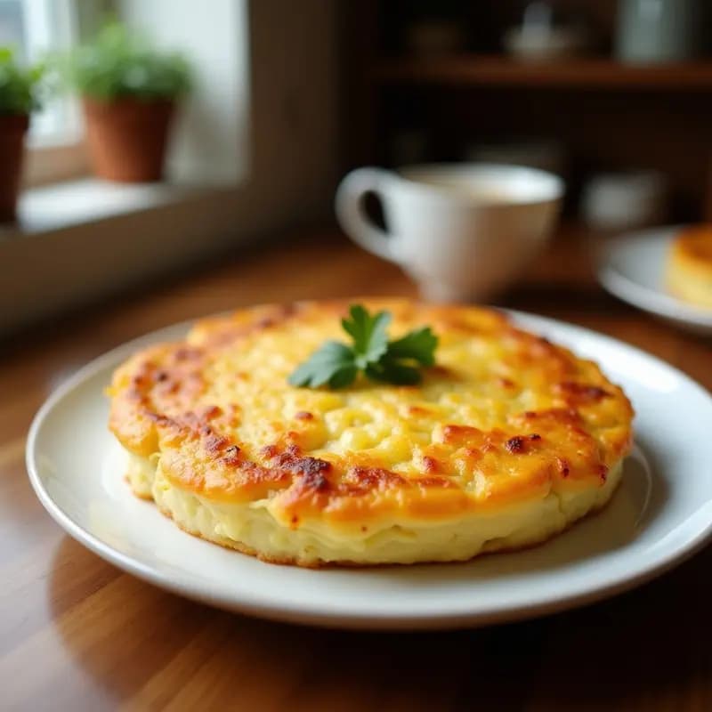 Tortilla española tradicional dorada por fuera y jugosa por dentro, servida en un plato de barro con rodajas de pan. Receta auténtica con huevos y patatas.