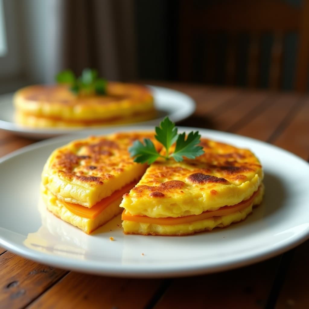 Tortilla española tradicional dorada y jugosa servida en un plato blanco, con rodajas de patata visibles en su interior, receta con ollas superpuestas.