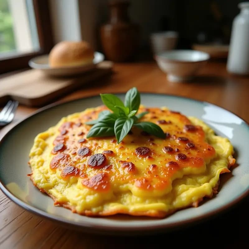 Tortilla española tradicional dorada y crujiente por fuera, cortada en porciones, con un interior jugoso y trozos de patata y cebolla visibles, servida en un plato de barro rústico.