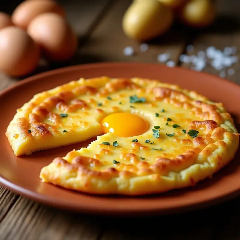 Tortilla española dorada y crujiente por fuera con el centro ligeramente líquido, servida en un plato de barro rústico con una cuña cortada para mostrar la yema cremosa.