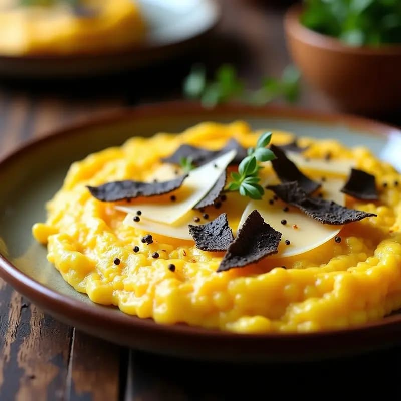 Tortilla española dorada con textura cremosa, decorada con virutas de trufa negra y queso manchego rallado, servida en plato rústico de barro con fondo oscuro.