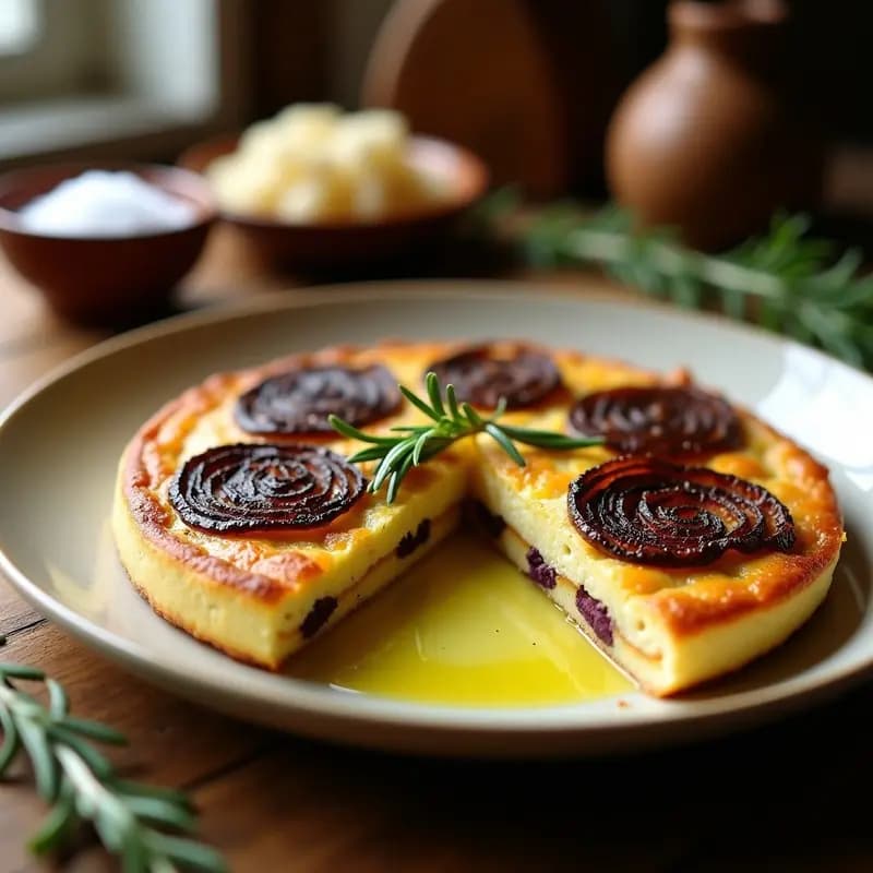 Tortilla española dorada y esponjosa en molde redondo, con láminas de trufa negra brillantes en la superficie, cortada en porción para mostrar su interior jugoso y trozos de patata y cebolla. Plato rústico de fondo con aceite de oliva y hierbas frescas.