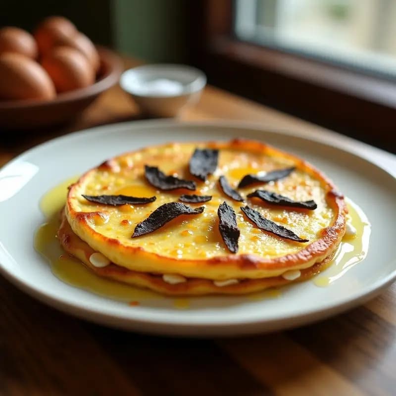 Tortilla española dorada con trozos de patata y cebolla, decorada con láminas de trufa negra sobre un plato de cerámica blanca, receta con huevos campera y aceite de oliva trufado.
