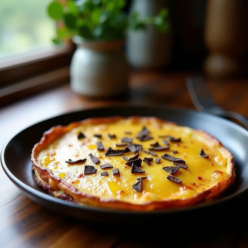 Tortilla española dorada y jugosa con capas visibles de patata y cebolla, servida en plato de barro rústico con un hilo de aceite de trufa negra y virutas de trufa por encima, receta tradicional española gourmet.