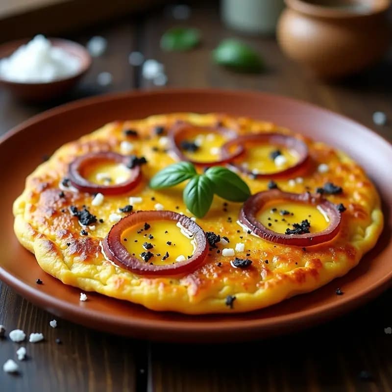 Tortilla española dorada con centro jugoso, servida en plato de barro rústico, con rodajas de cebolla morada caramelizada y un hilo de aceite de trufa negra brillando en la superficie.