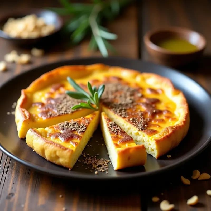 Tortilla española dorada con trufa negra rallada por encima, cortada en porciones y servida en plato de barro rústico.