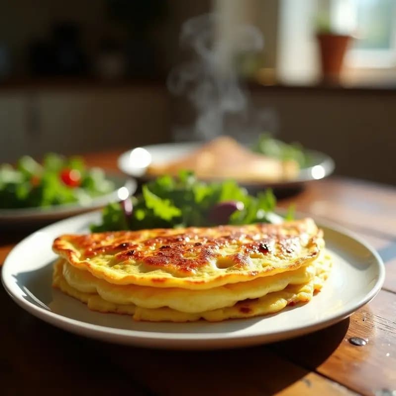 Tortilla española ultra esponjosa servida en plato de cerámica blanca, con el centro ligeramente jugoso y dorado, acompañada de una ensalada verde, receta Thermomix.