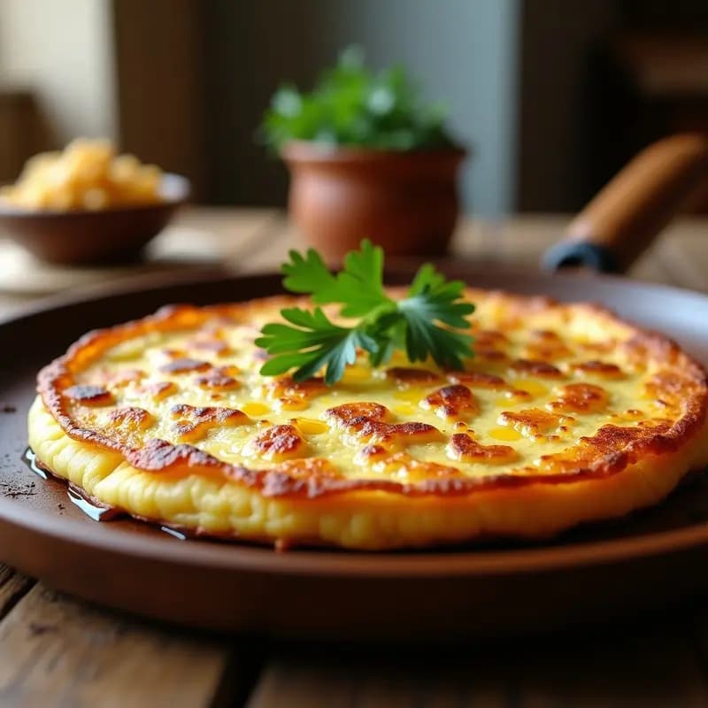 Tortilla española vegana de garbanzos dorada por ambos lados, con trozos de patata y cebolla visible, servida en un plato de madera rústico con una ramita de perejil fresco.