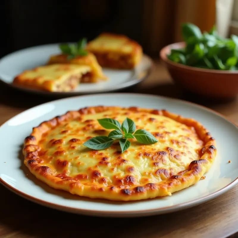 Tortilla española dorada y crujiente con patatas cortadas en forma de hélices y alas de avión, servida en plato blanco sobre fondo rústico de madera.
