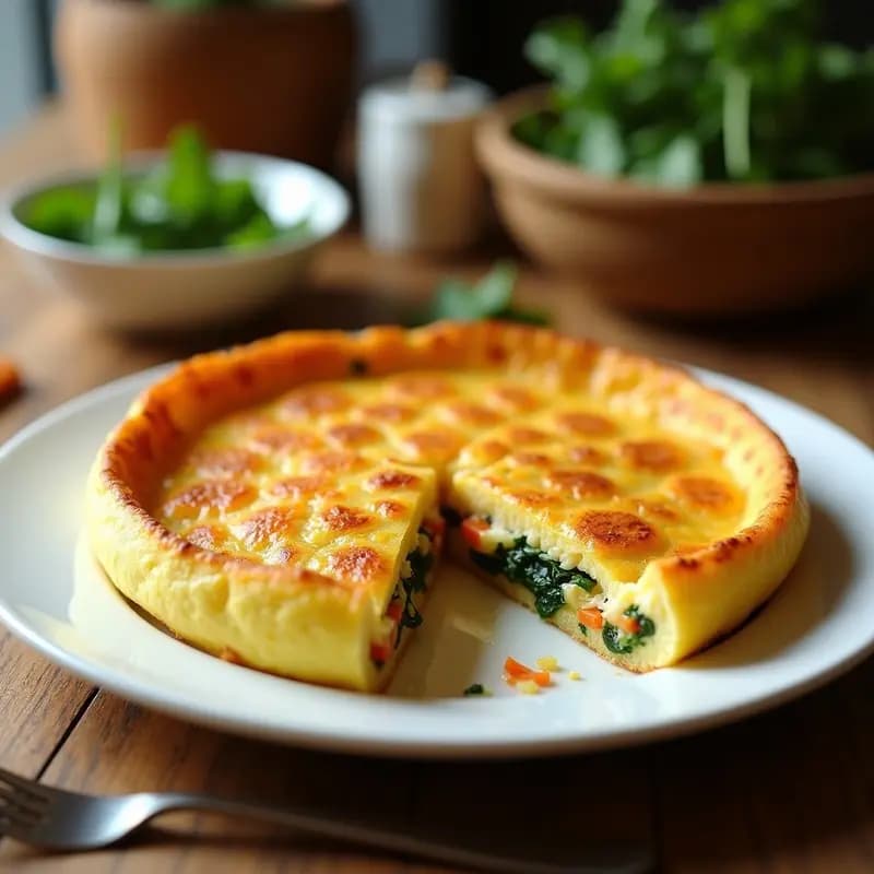 Tortilla española dorada con verduras ocultas, servida en plato blanco con fondo rústico de madera.
