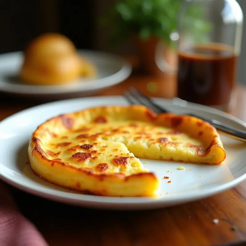 Tortilla española zeolítica sin cebolla, dorada y esponjosa, cortada en porciones sobre un plato de cerámica blanca con tenedor de madera.