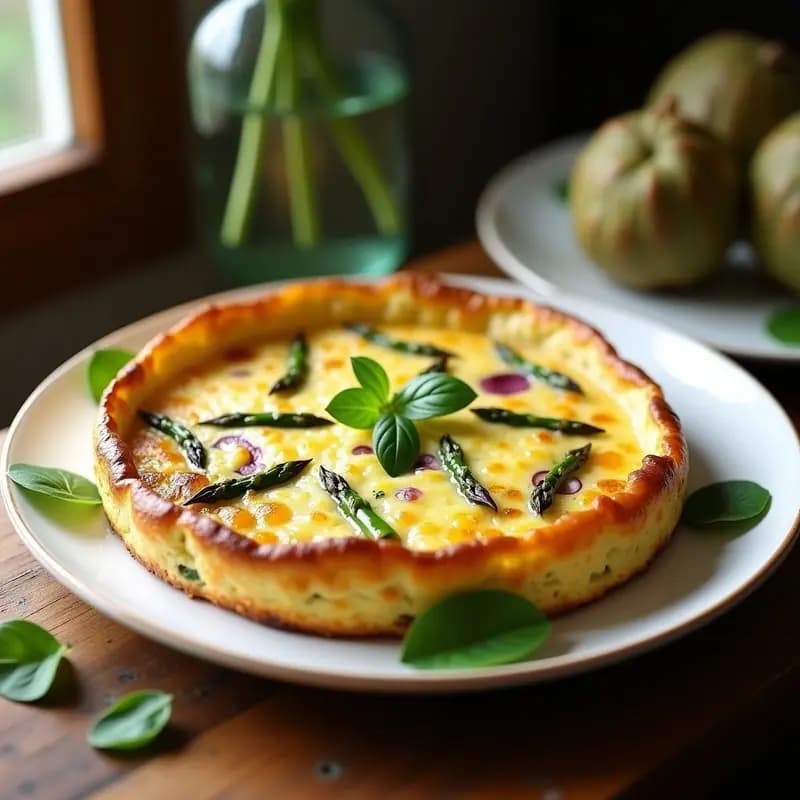 Tortilla dorada y esponjosa de espárragos tristanos y alcachofas, receta española primaveral sin lactosa, servida en plato blanco con decoración de hojas verdes.