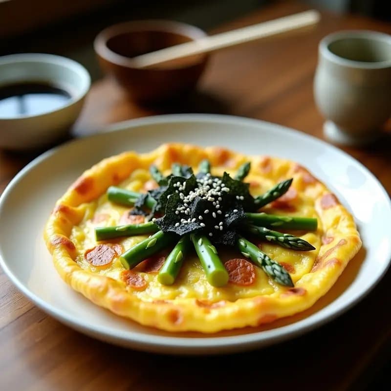 Tortilla dorada y esponjosa con trozos de espárragos trigueros verdes, tiras de algas nori oscuras y semillas de sésamo blanco por encima, servida en plato blanco sobre fondo rústico de madera. Receta de tortilla de espárragos trigueros y algas nori, desayuno japonés sin harina.
