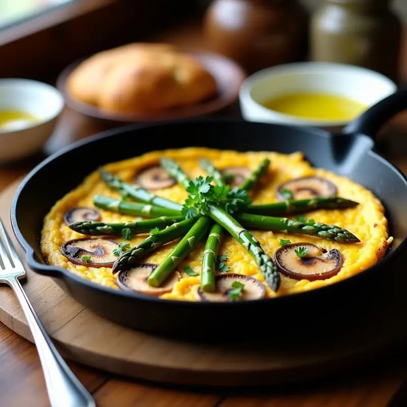 Tortilla vegana dorada en sartén antiadherente con espárragos trigueros y champiñones portobello laminados, decorada con perejil fresco y puntas de espárrago. Plato de fondo rústico con tenedor de madera.