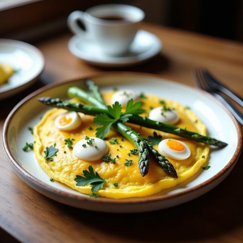 Tortilla dorada y jugosa con trozos de espárragos trinchetes verdes y huevos de codorniz enteros en la superficie, decorada con perejil fresco y servida en un plato blanco rústico.