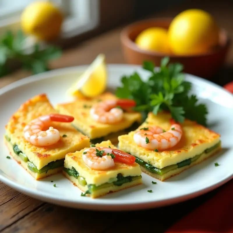 Tortilla dorada y esponjosa de espárragos trigueros y gambas, cortada en porciones cuadradas sobre un plato blanco. Se aprecian los trozos de espárragos verdes y gambas rosadas integrados en la masa de huevo. Decorada con perejil fresco y una rodaja de limón al lado. Receta de tupper sin lácteos y alta en omega-3.