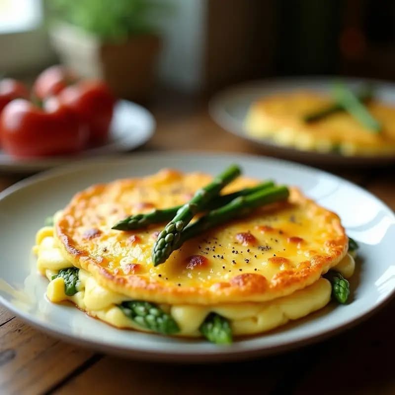 Tortilla dorada y esponjosa de espárragos trigueros y huevo de pato, servida en plato blanco con puntas de espárragos asomando, desayuno gourmet con toque francés.