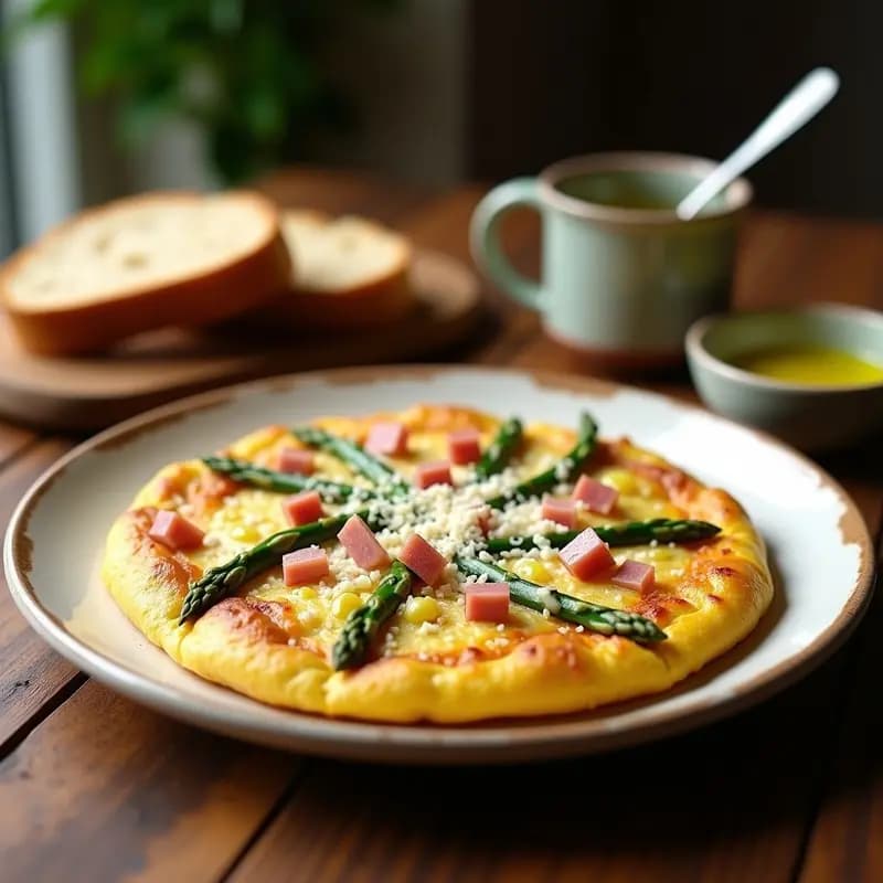 Tortilla española dorada con espárragos trigueros salteados y taquitos de jamón serrano, servida en plato blanco con tostada integral. Desayuno alto en proteína con toque gourmet.