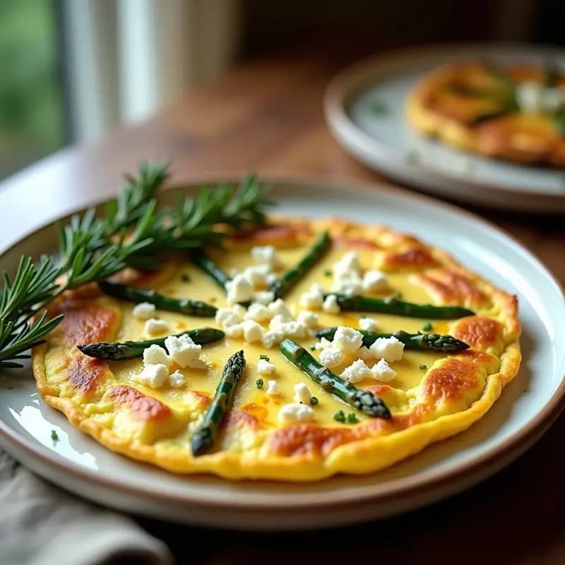 Tortilla dorada y esponjosa de espárragos trigueros y queso de almondiga en sartén de hierro, acompañada de rodajas de cebolla morada. Plato keto y sin lactosa típico español, con textura cremosa y trozos de espárragos verdes.