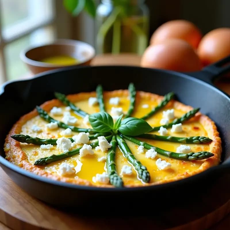 Tortilla francesa dorada en sartén antiadherente con espárragos trigueros verdes, queso de cabra desmenuzado y hojas de albahaca fresca, servida sobre mesa rústica de madera con aceite de oliva al lado.