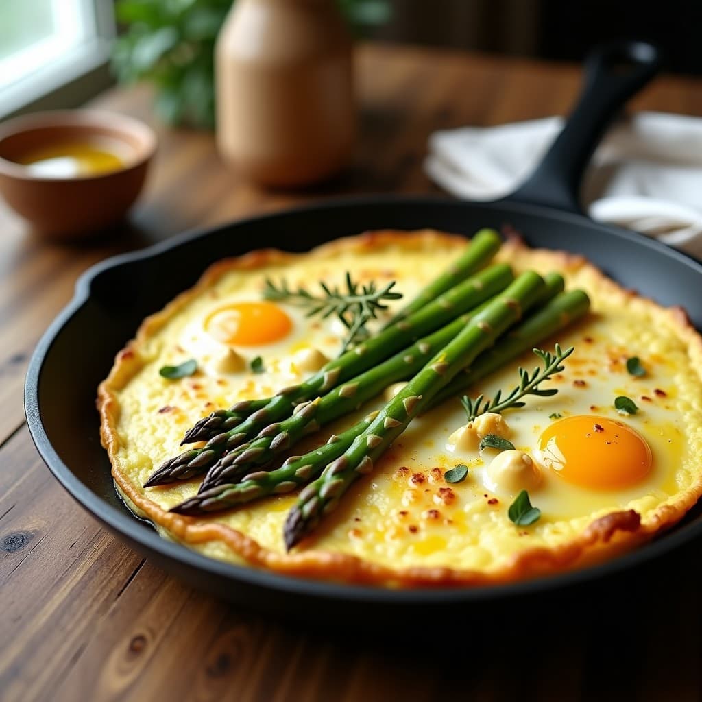 Tortilla francesa dorada en sartén antiadherente con espárragos tragos salteados y trozos de queso de oveja derretido, decorada con tomillo fresco y ralladura de limón.