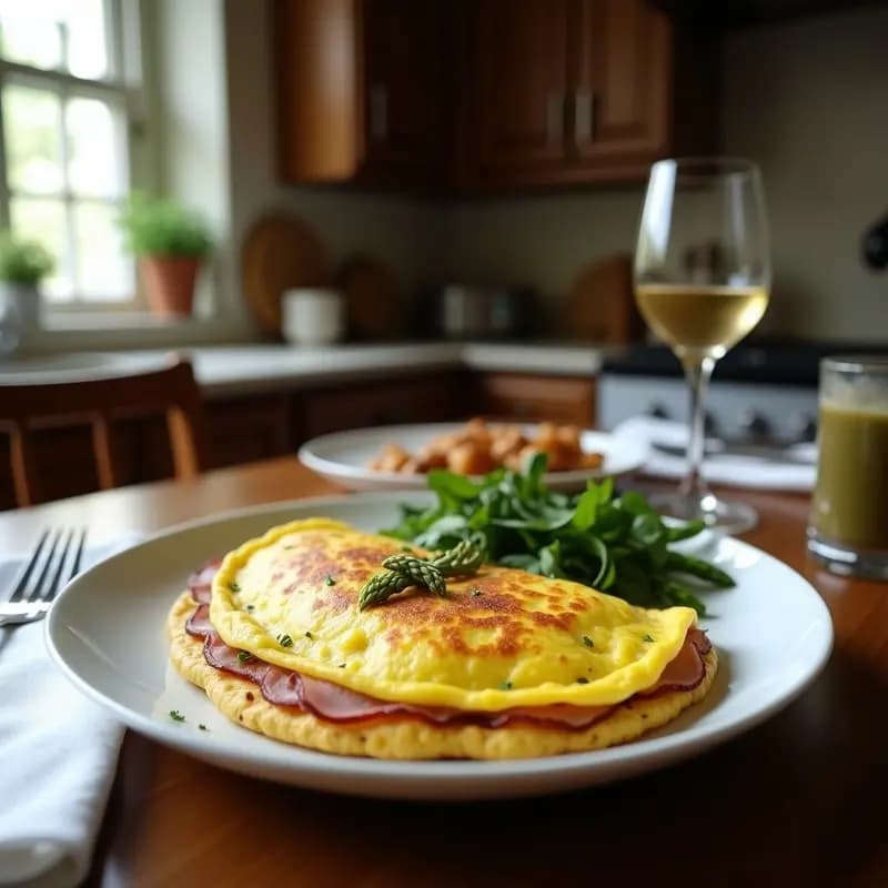 Tortilla dorada y esponjosa con trozos de espárragos trigeros y jamón ibérico, receta rápida y gourmet en sartén de hierro.