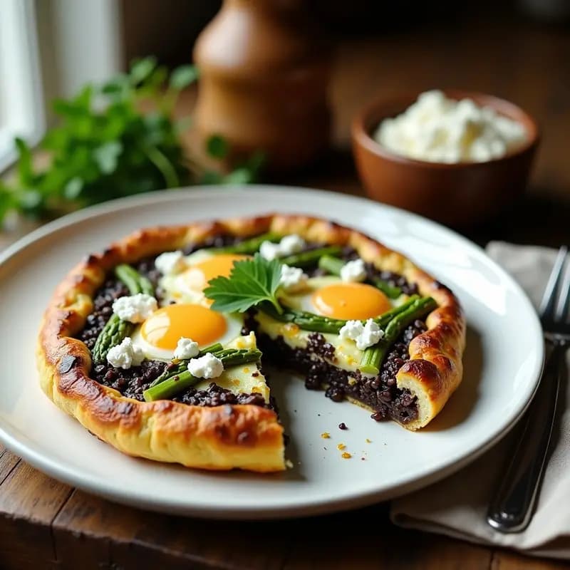 Tortilla dorada y esponjosa con espárragos trigueros y arroz negro, servida en plato blanco con perejil fresco y queso de cabra desmenuzado.