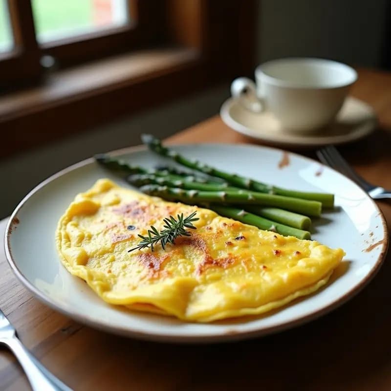 Tortilla francesa dorada con espárragos trigos tiernos y hierbas provenzales, servida en plato blanco rústico con fondo de madera.