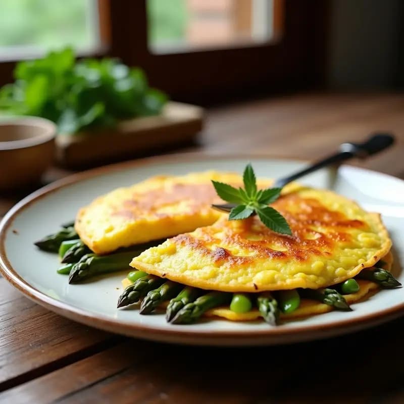 Tortilla dorada y esponjosa con espárragos trigos salteados, servida en plato blanco rústico con fondo de madera.