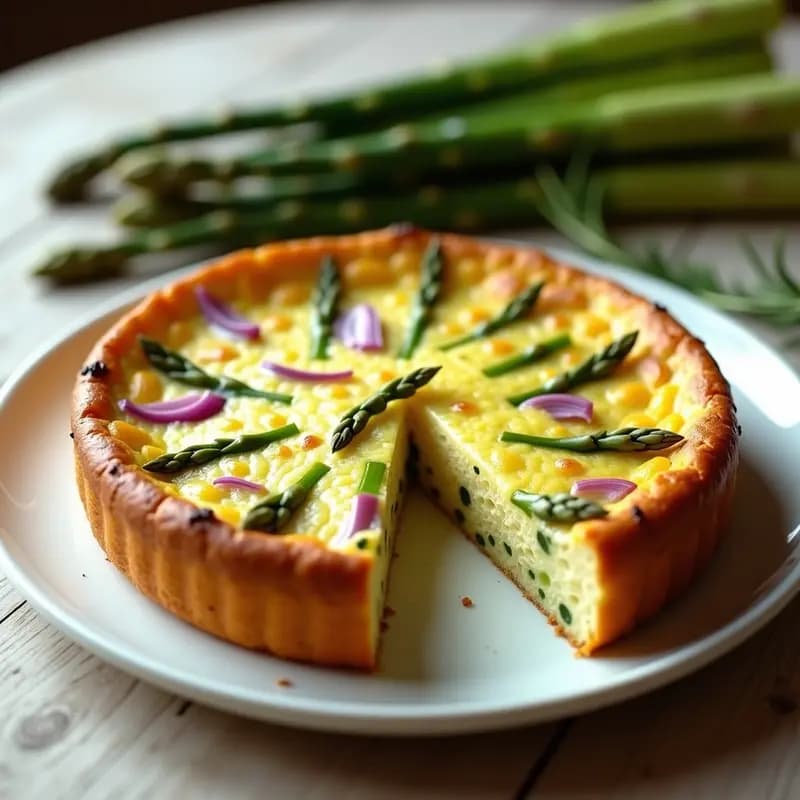 Tortilla dorada y esponjosa de espárragos trigos al horno, cortada en porciones, con trozos visibles de espárragos y cebolla morada, servida en plato blanco rústico.