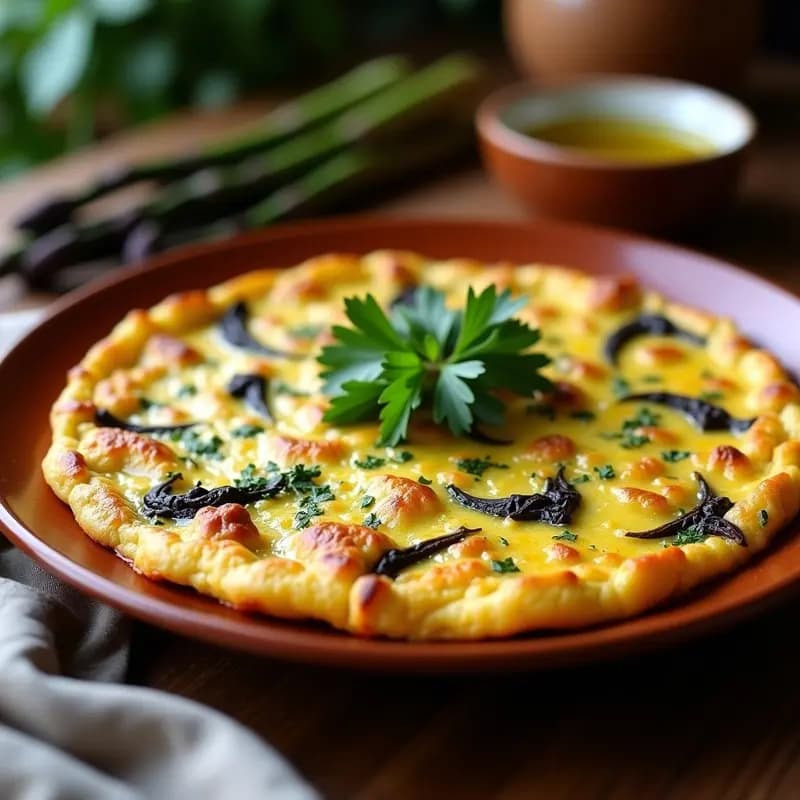 Tortilla dorada y esponjosa con trozos de espárragos trigos negros, servida en plato de barro rústico con perejil fresco espolvoreado, receta olla express.