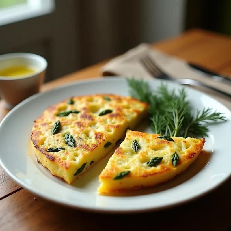 Tortilla dorada y esponjosa de espárragos trigos y sarraceno servida en plato blanco, con trozos verdes de espárrago asomando, receta keto en airfryer.